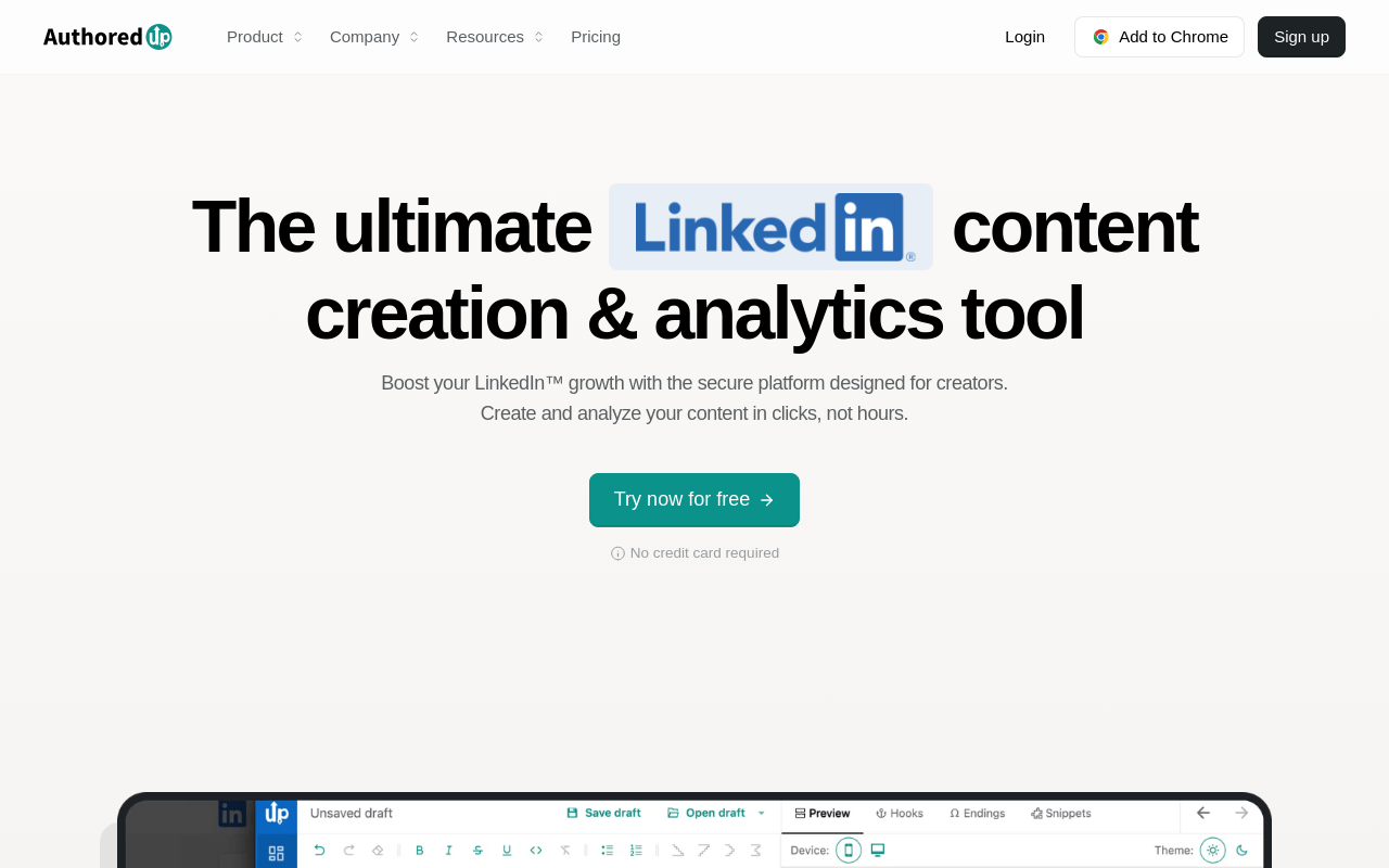 AuthoredUp website showing its LinkedIn content editor and logo