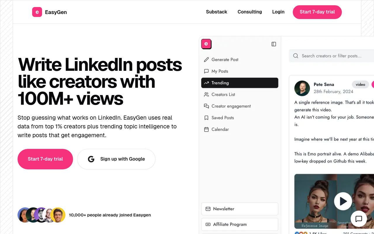 EasyGen homepage for AI-powered LinkedIn® content