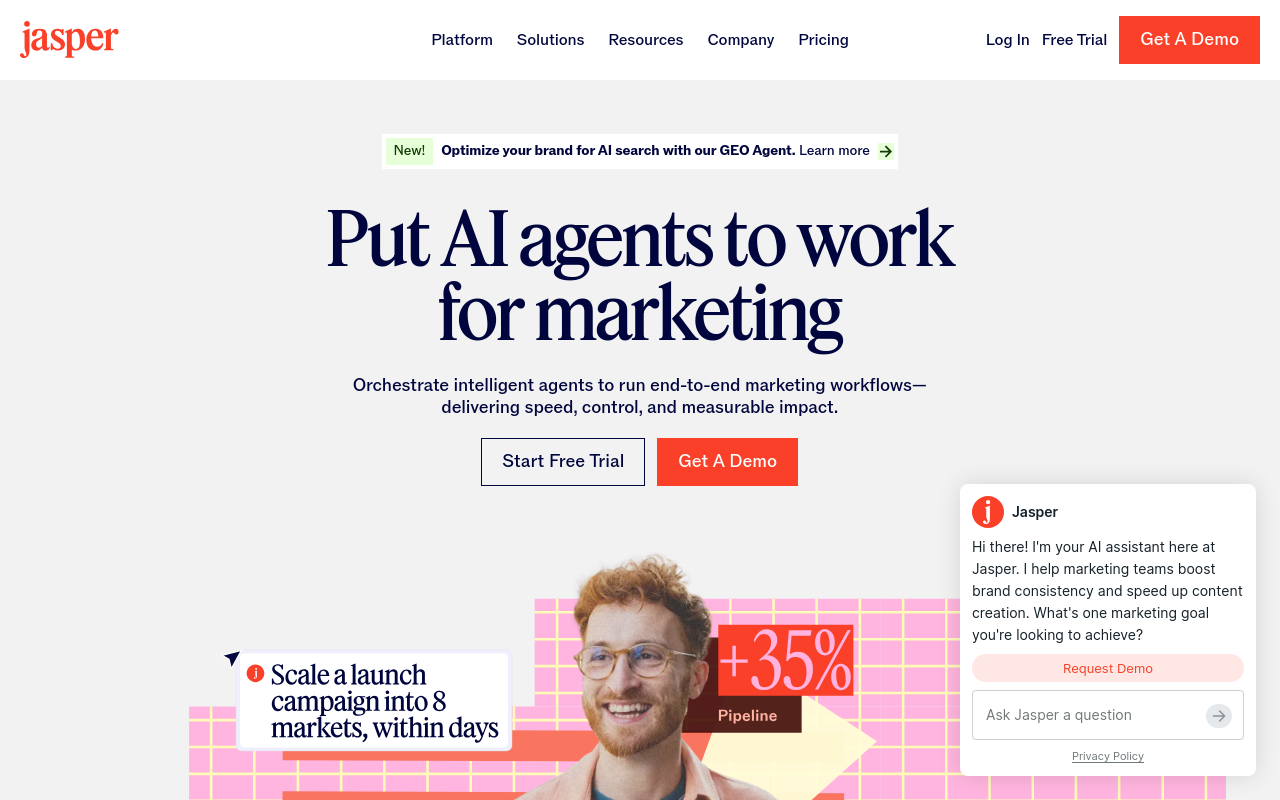 Jasper homepage for AI marketing agents
