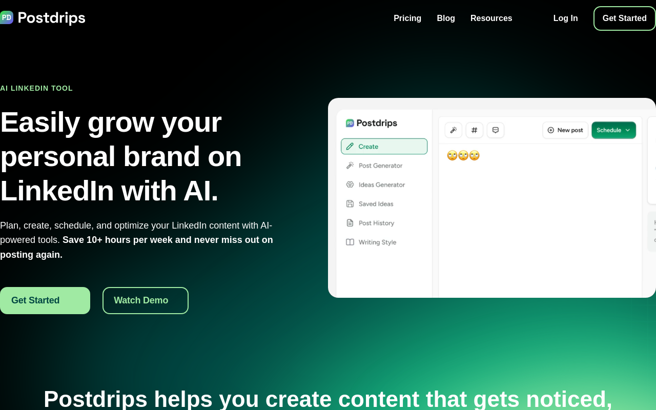PostDrips website showing its LinkedIn writing interface and logo