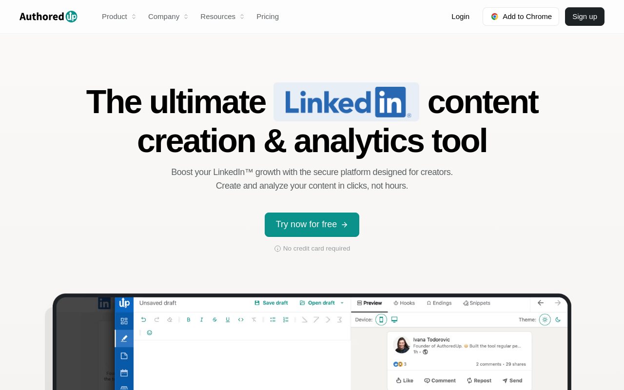 AuthoredUp homepage for LinkedIn® content creation and analytics