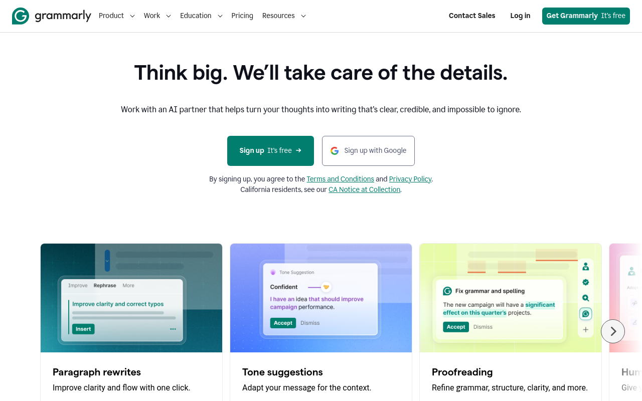 Grammarly homepage for AI-assisted writing