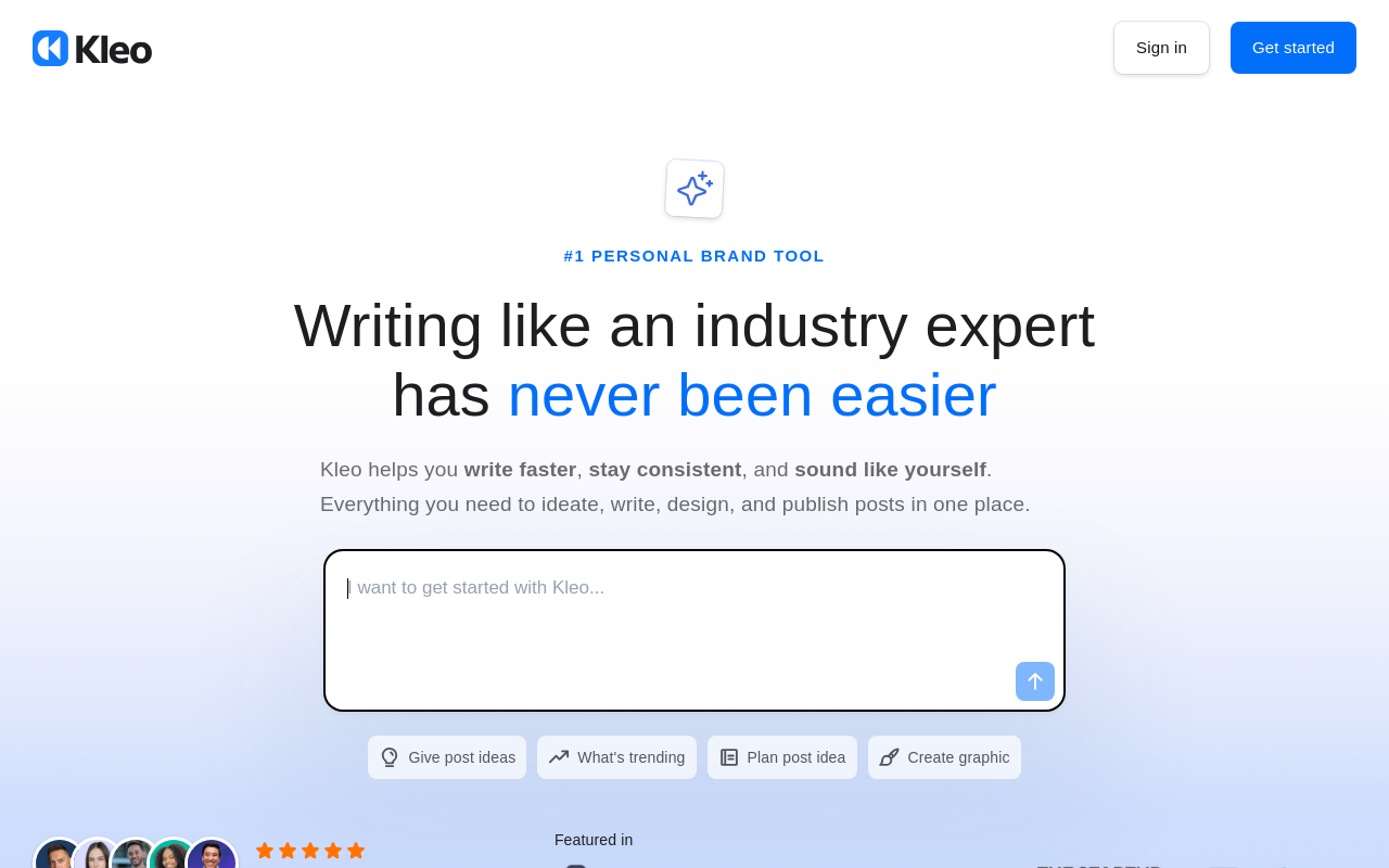 Kleo website showing its writing product and logo