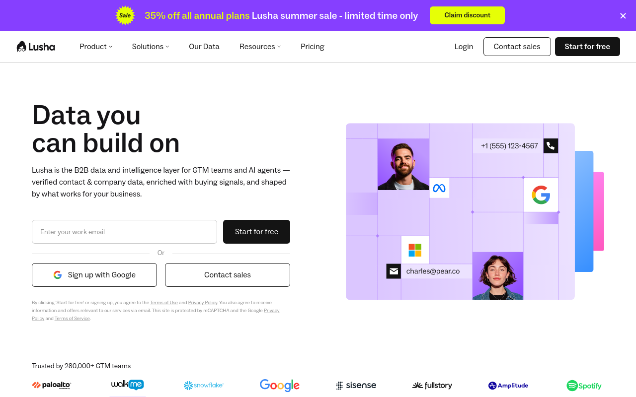 Lusha homepage for B2B contact data
