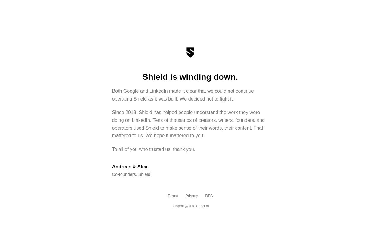 Shield's wind-down notice on shieldapp.ai