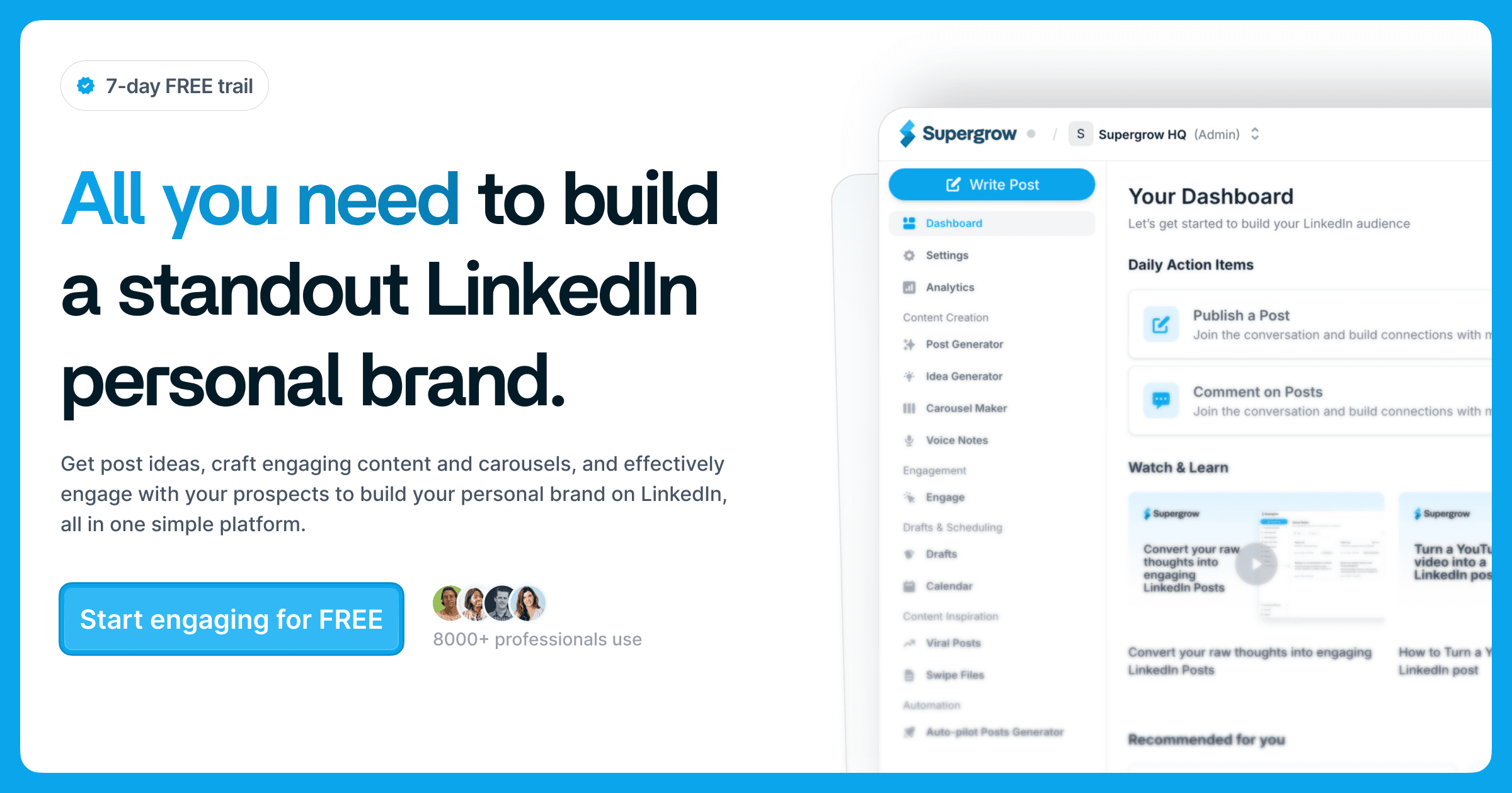 Supergrow LinkedIn® dashboard with content and engagement tools