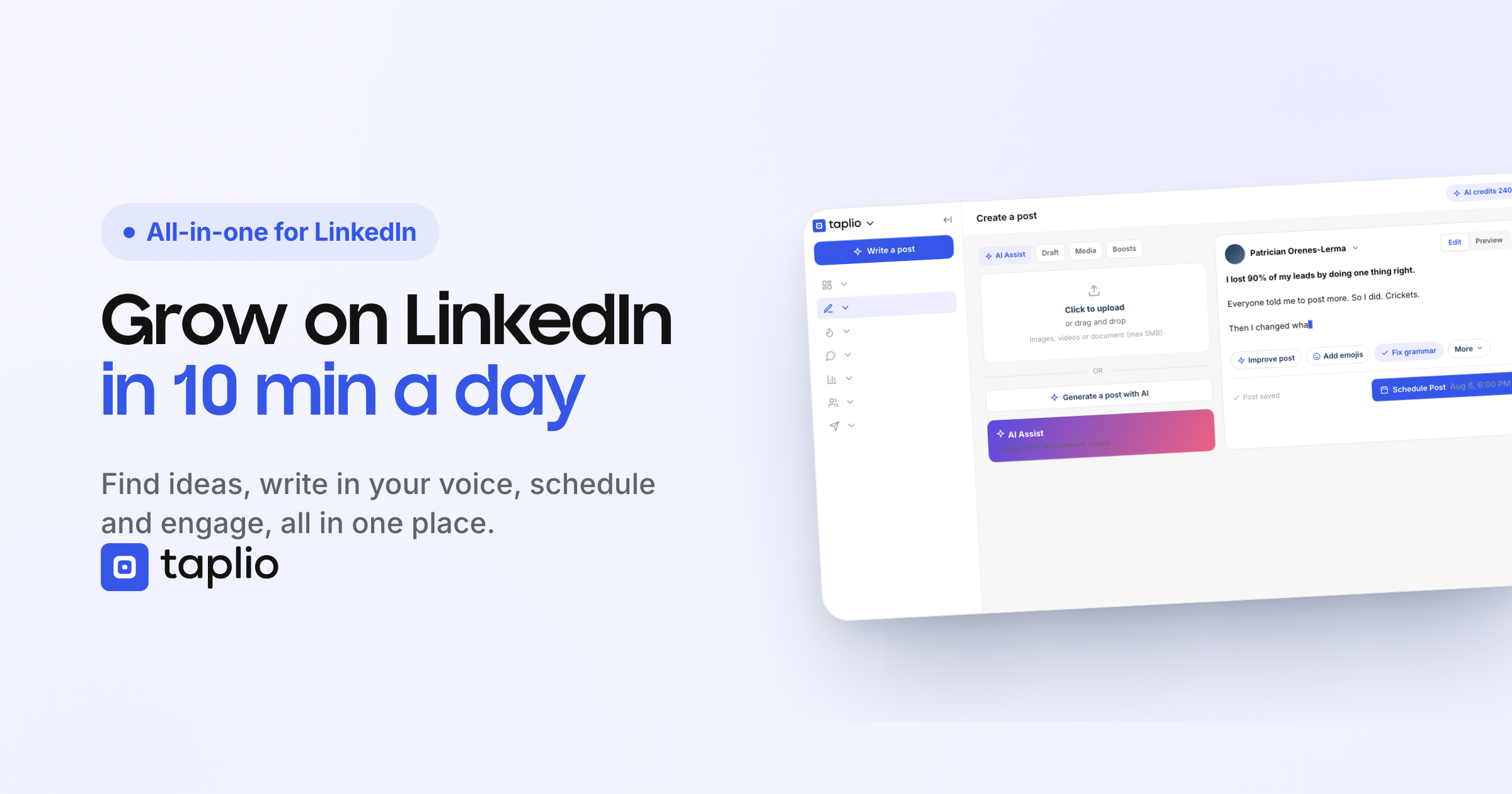 Taplio LinkedIn® post composer with AI Assist