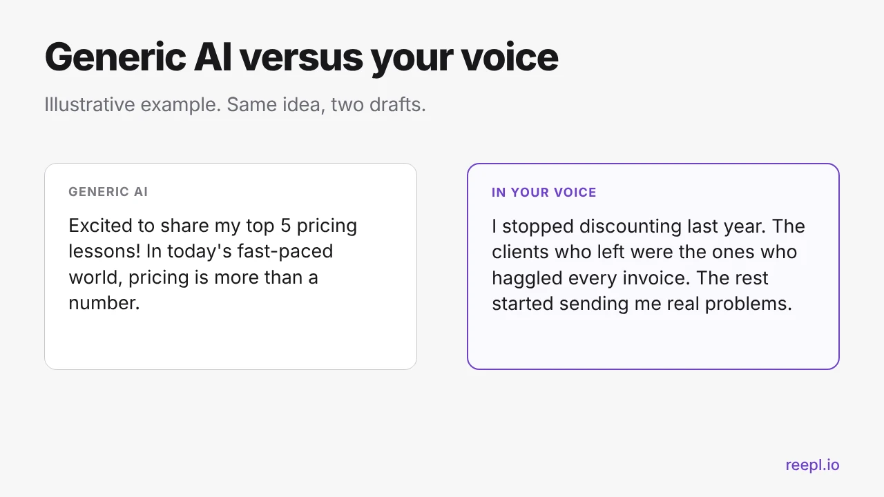 Illustrative before and after: a generic AI post opener next to the same idea written in a specific personal voice