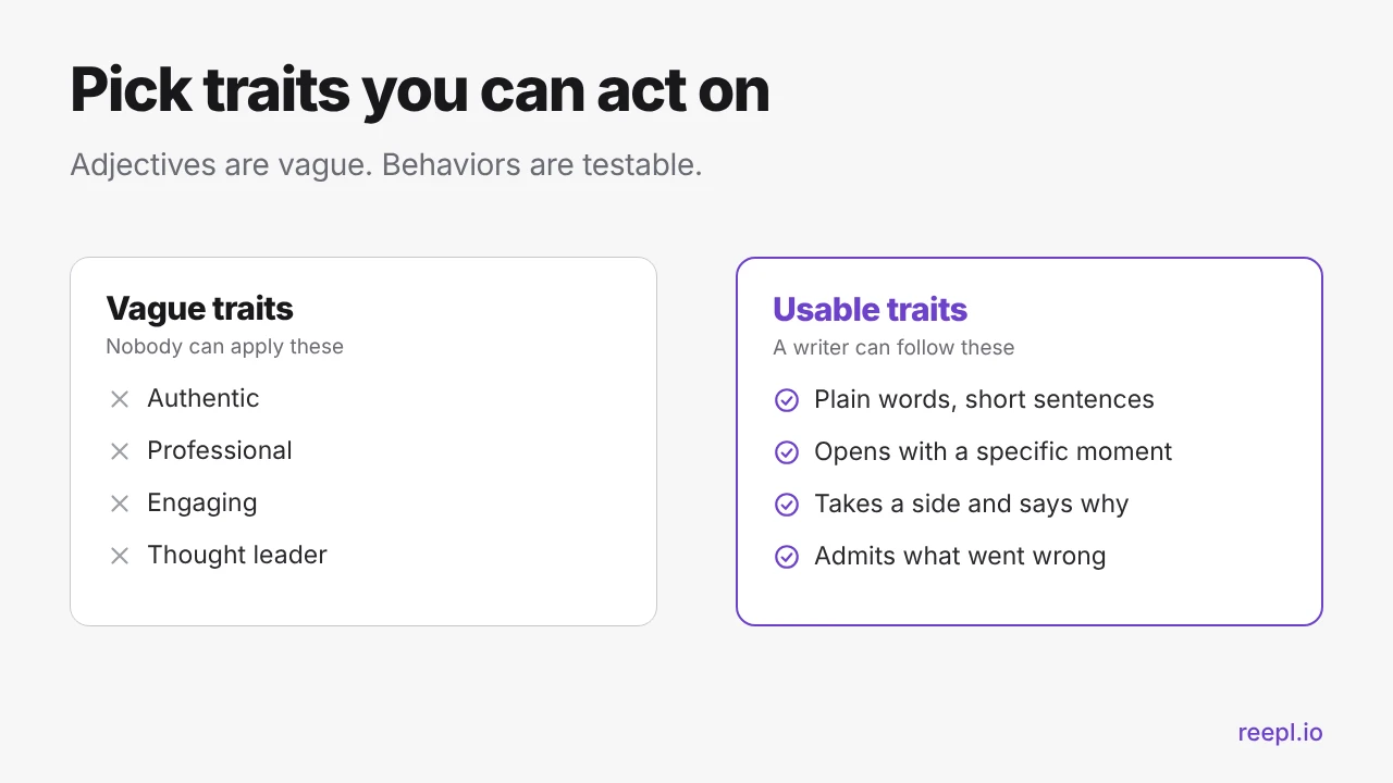 Comparison of vague voice traits like authentic and professional with usable traits like plain words and taking a side
