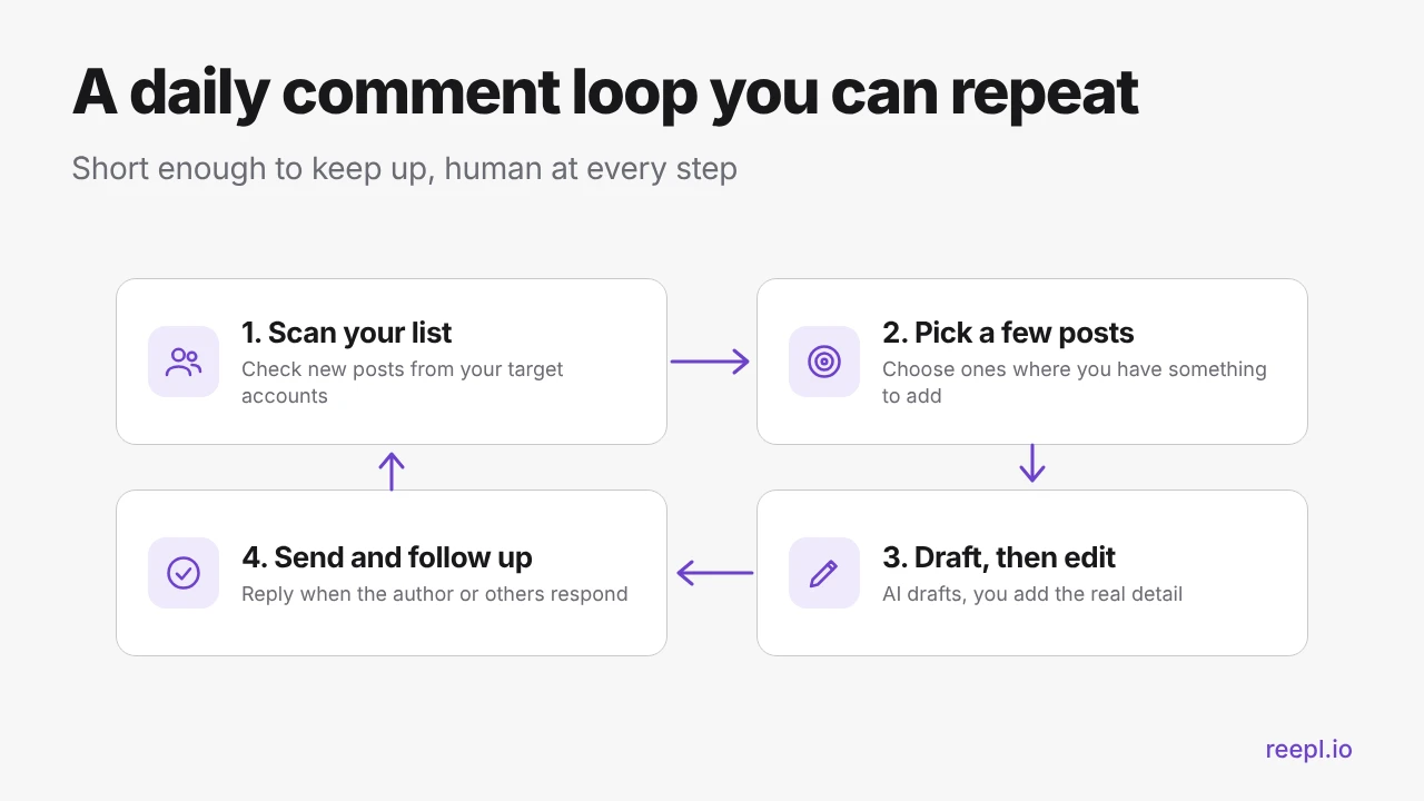 A four-step daily LinkedIn® comment loop: scan your list, pick a few posts, draft then edit, send and follow up