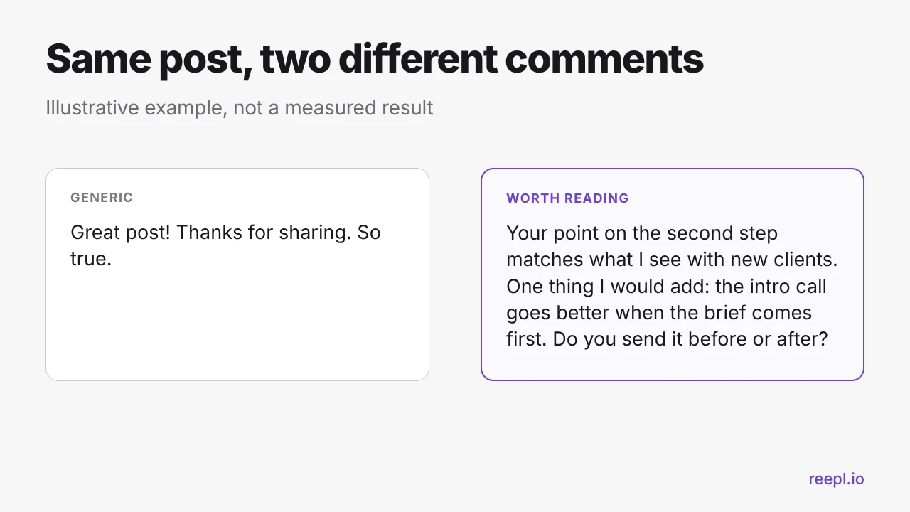 A generic LinkedIn® comment next to a specific comment that adds a detail and asks a question