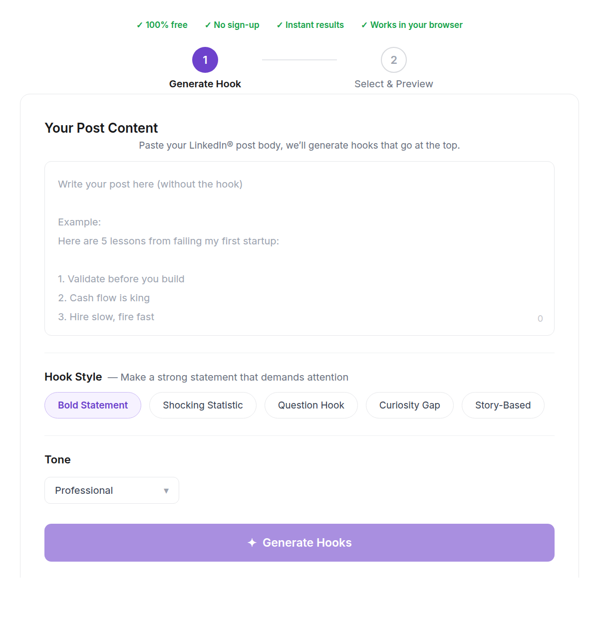 The free Reepl Hook Generator: paste your LinkedIn® post, choose a hook style and tone, and generate hooks in your voice
