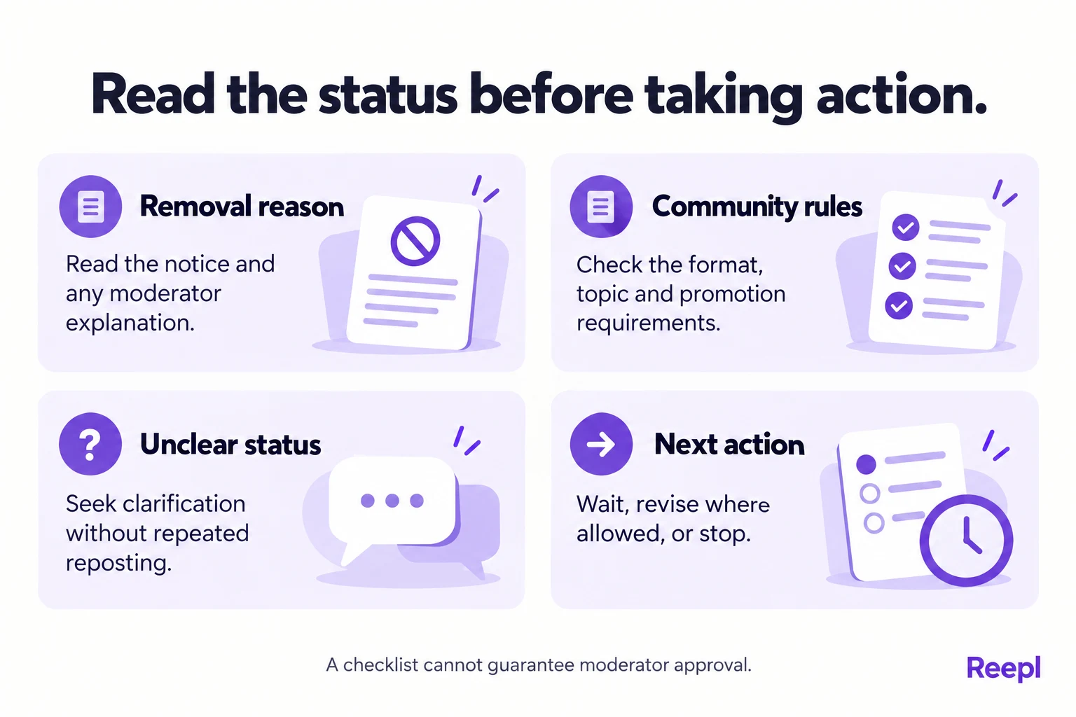 Read the status before taking action: Removal reason: Read the notice and any moderator explanation.; Community rules: Check the format, topic and promotion requirements.; Unclear status: Seek clarification without repeated reposting.; Next action: Wait, revise where allowed, or stop.