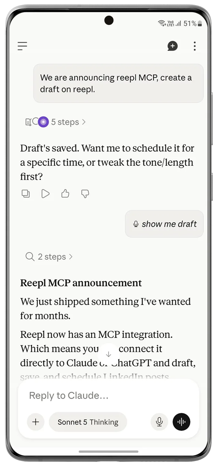 Claude mobile app connected to Reepl over MCP, saving a draft and offering to schedule it